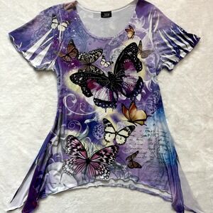 Jostar Purple Rhinestone Butterly Lettuce Trimmed Short Sleeve Scoop Neck SZ M/L